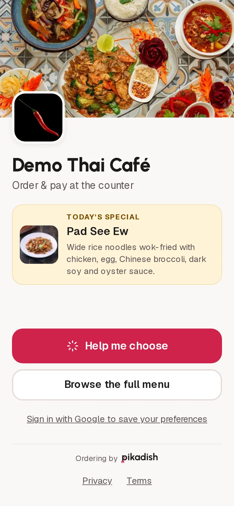 The store’s welcome screen on a phone, with today’s special and a Help me choose button.