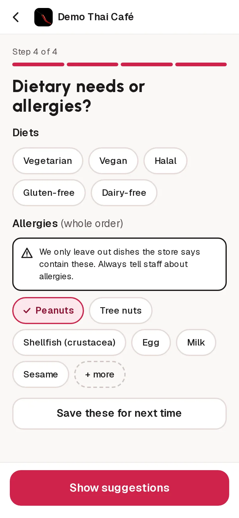 The last of four questions, dietary needs and allergies, with Peanuts selected.