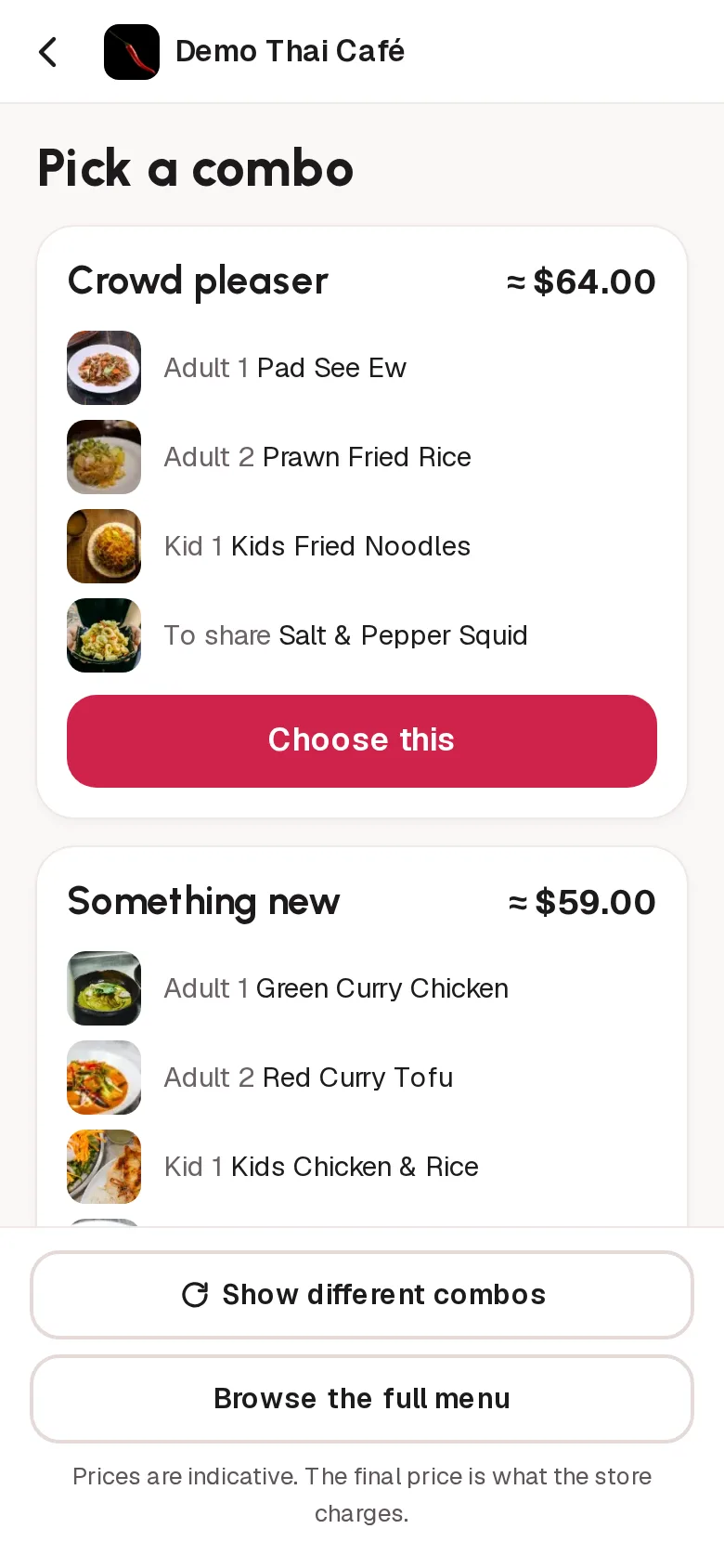 Suggested combos for two adults and a kid, each dish with its photo and an indicative total.