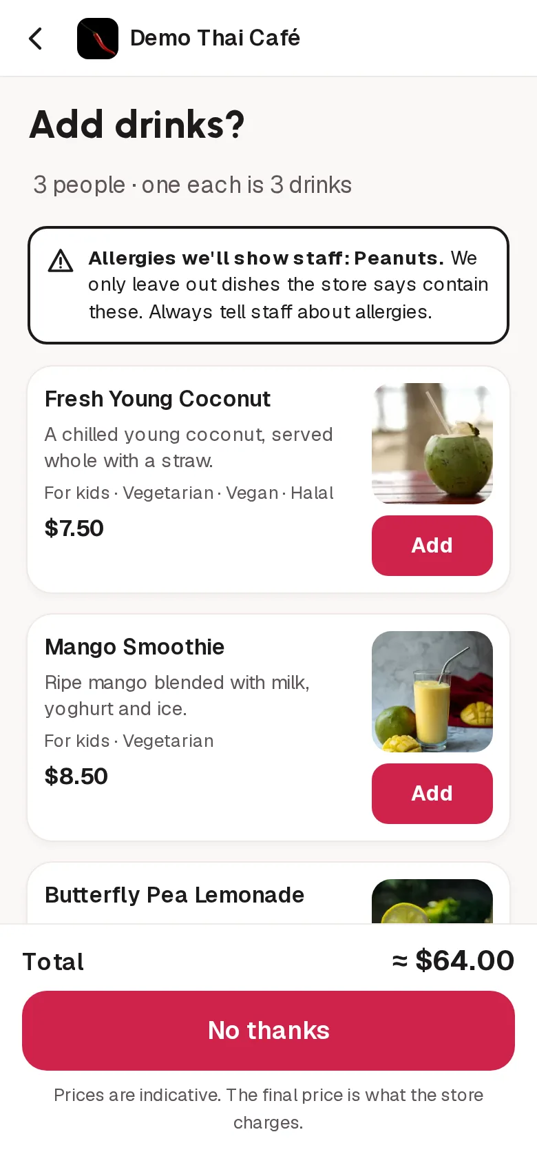 The Add drinks screen, offering drinks with photos and prices, and the order’s allergy shown.