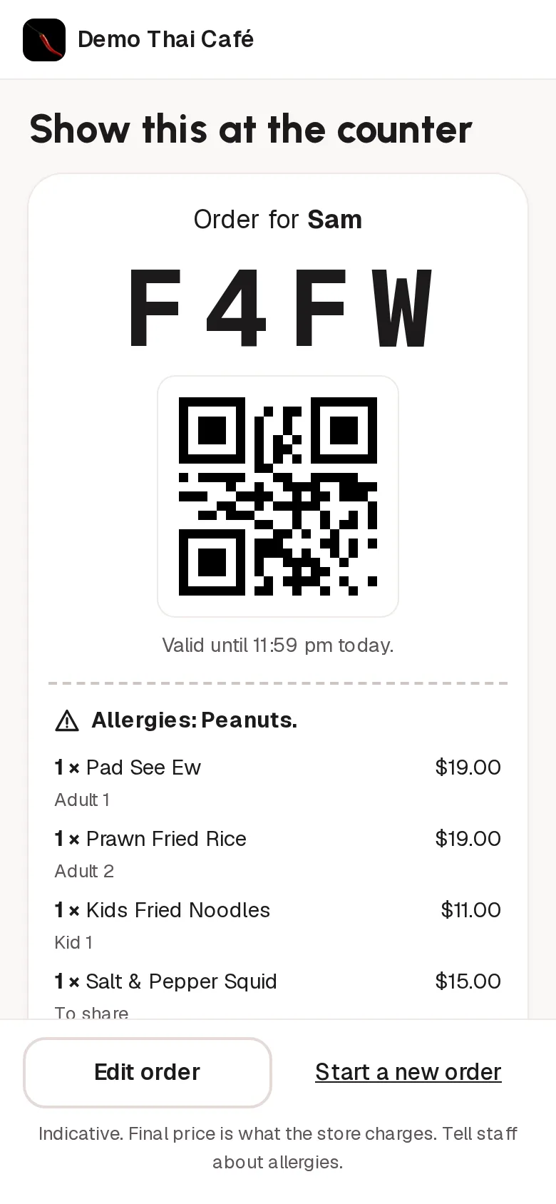 The order code screen: a four-character code, a QR code, the allergy and the order lines.