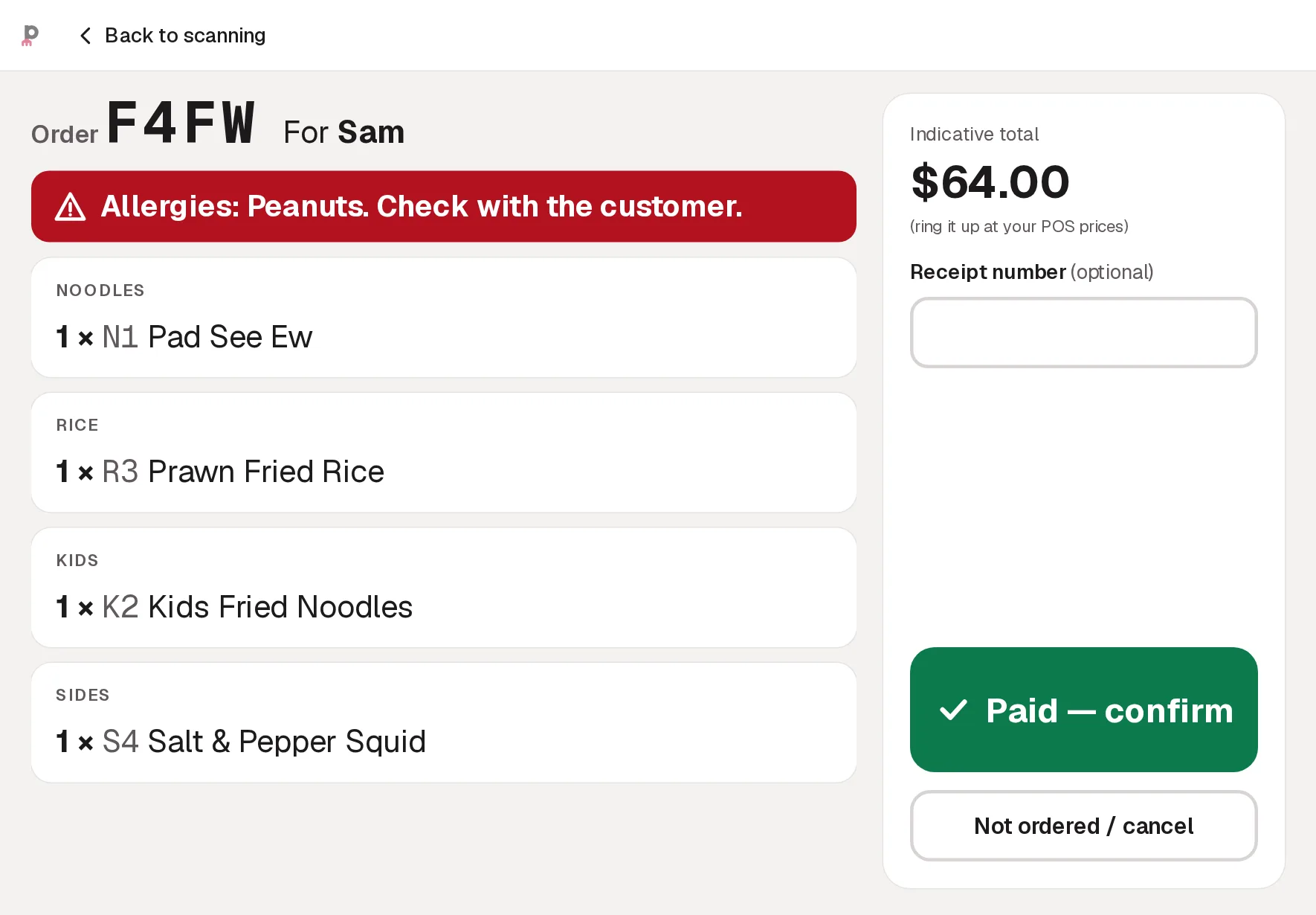 The counter’s order view on a tablet: a red allergy banner, the dishes by category and a green Paid, confirm button.