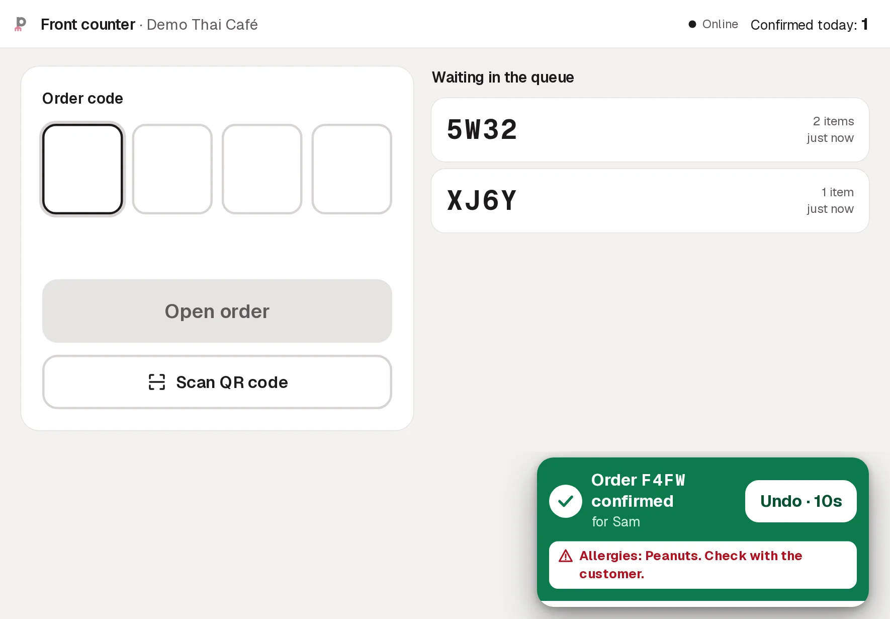 The counter back on the scan screen, with the next orders waiting and a toast confirming the last one, with Undo.