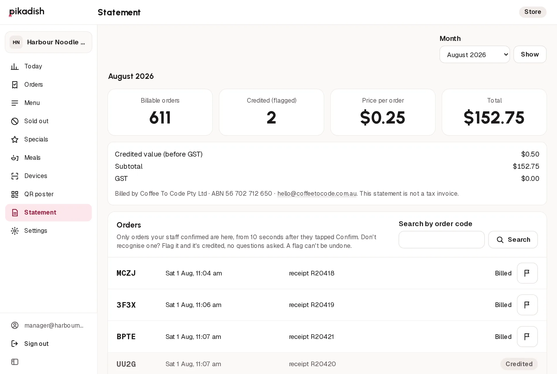 A monthly statement: billable and credited orders, the price per order and the total, then each order with its code, time and receipt number, one of them credited.